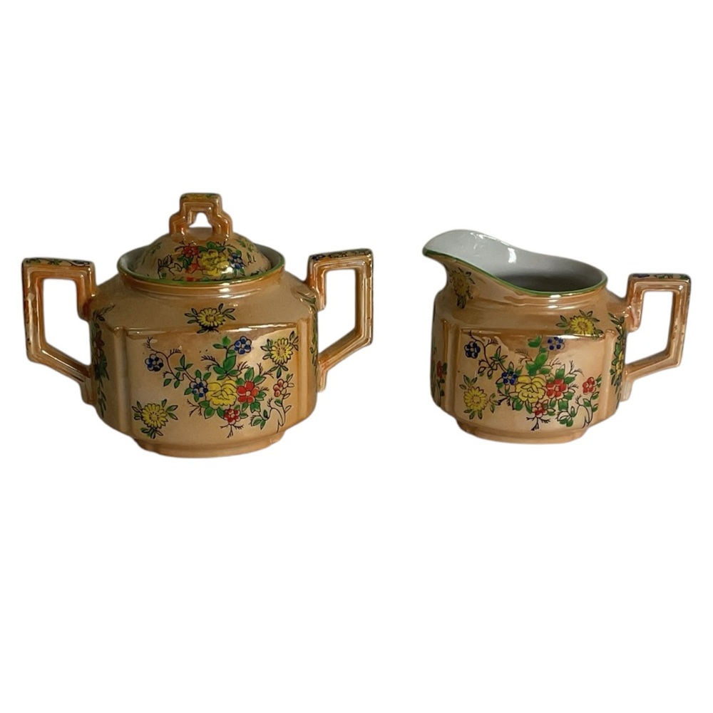 Vintage Trico Lusterware Creamer & Sugar Set Hand Painted Japan